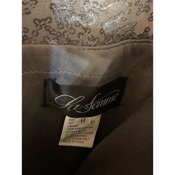 LA FEMME Ruched Sequin Trumpet Gown In Gunmetal Size 8 $469 - Picture 9 of 10